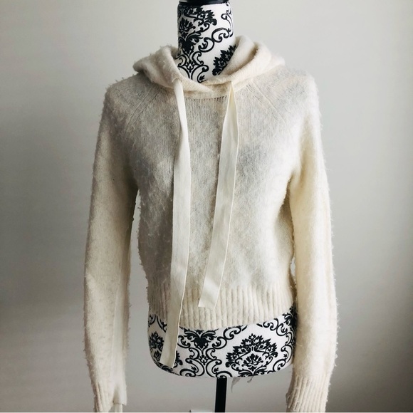 Helmut Lang Alpaca Wool Cozy Cropped Knit Sweater Hoodie Ruched Sleeves Ivory XS - Picture 1 of 11
